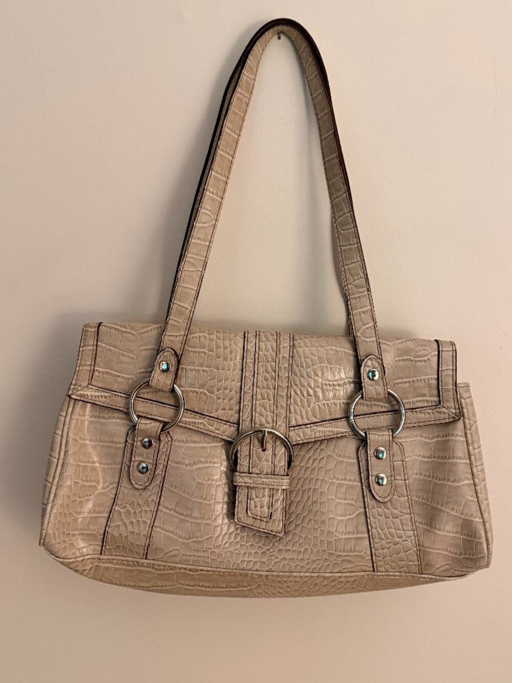 Y2K Liz Claiborne Cream Embossed Croc Satchel Shoulder Bag, Excellent Condition